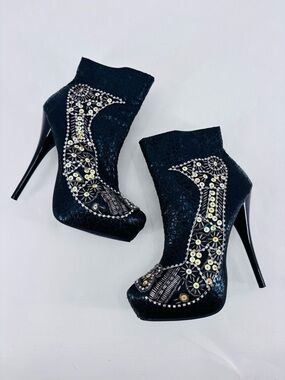 Vintage Y2K Indie Sleaze Rockstar Girlfriend Sequin Beaded Heeled Ankle Boots